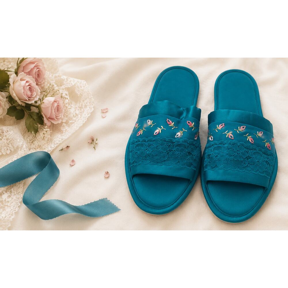 Vintage 70s Vanity Fair Teal Lace Boudoir Slippers Made in USA  M- 6.5-7.5